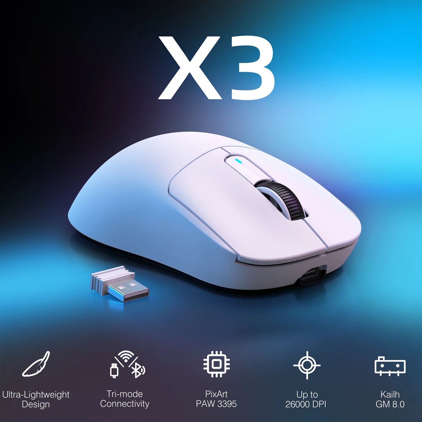 X3 Wireless Gaming Mouse – 49g Ergonomic, PAW3395 26K DPI, Triple Mode, Programmable