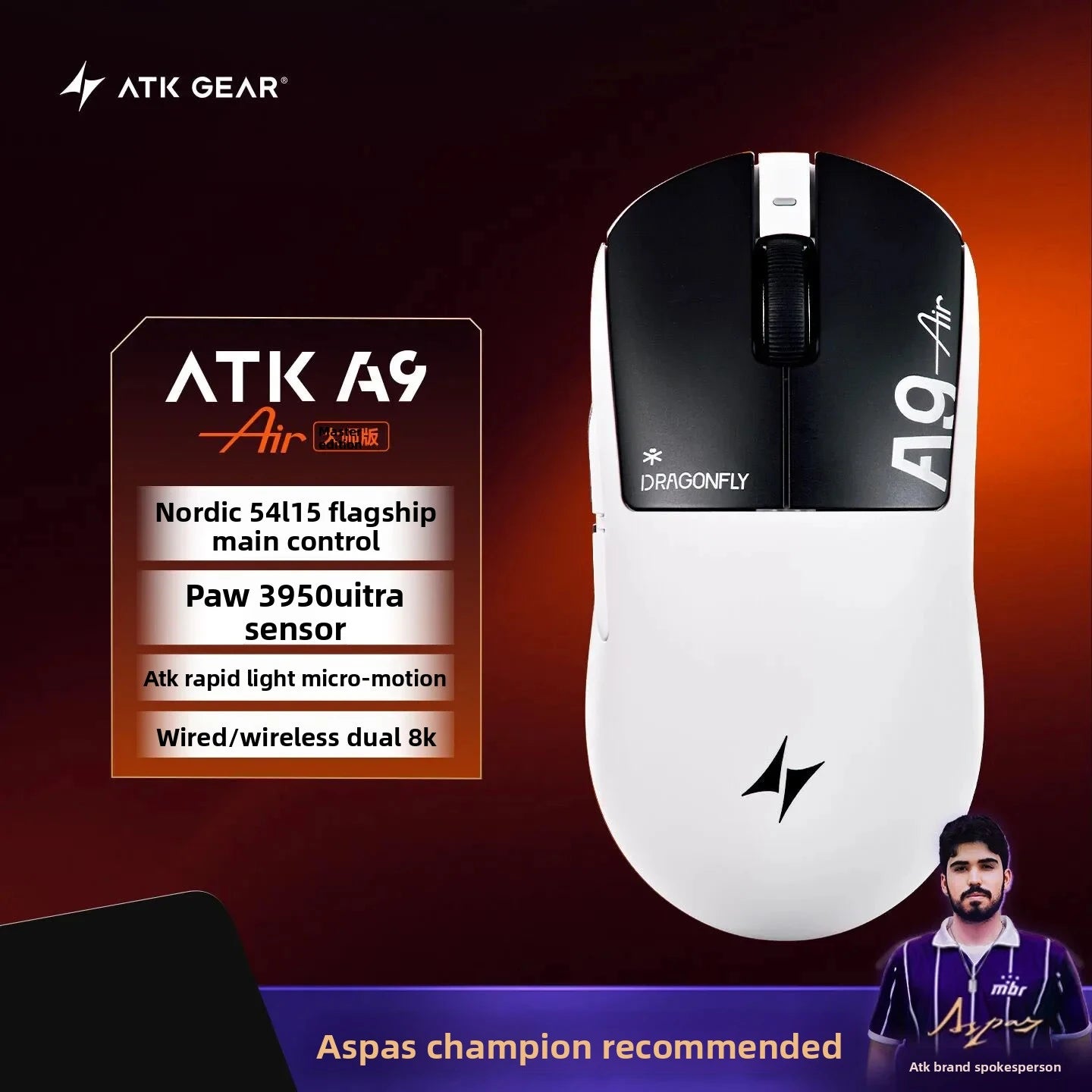 New ATK A9 Air Ultimate Gaming Mouse Wireless Bluetooth Lightweight PAW3950 Ultra Dual 8K Esports Mouse FPS Gaming Accessories
