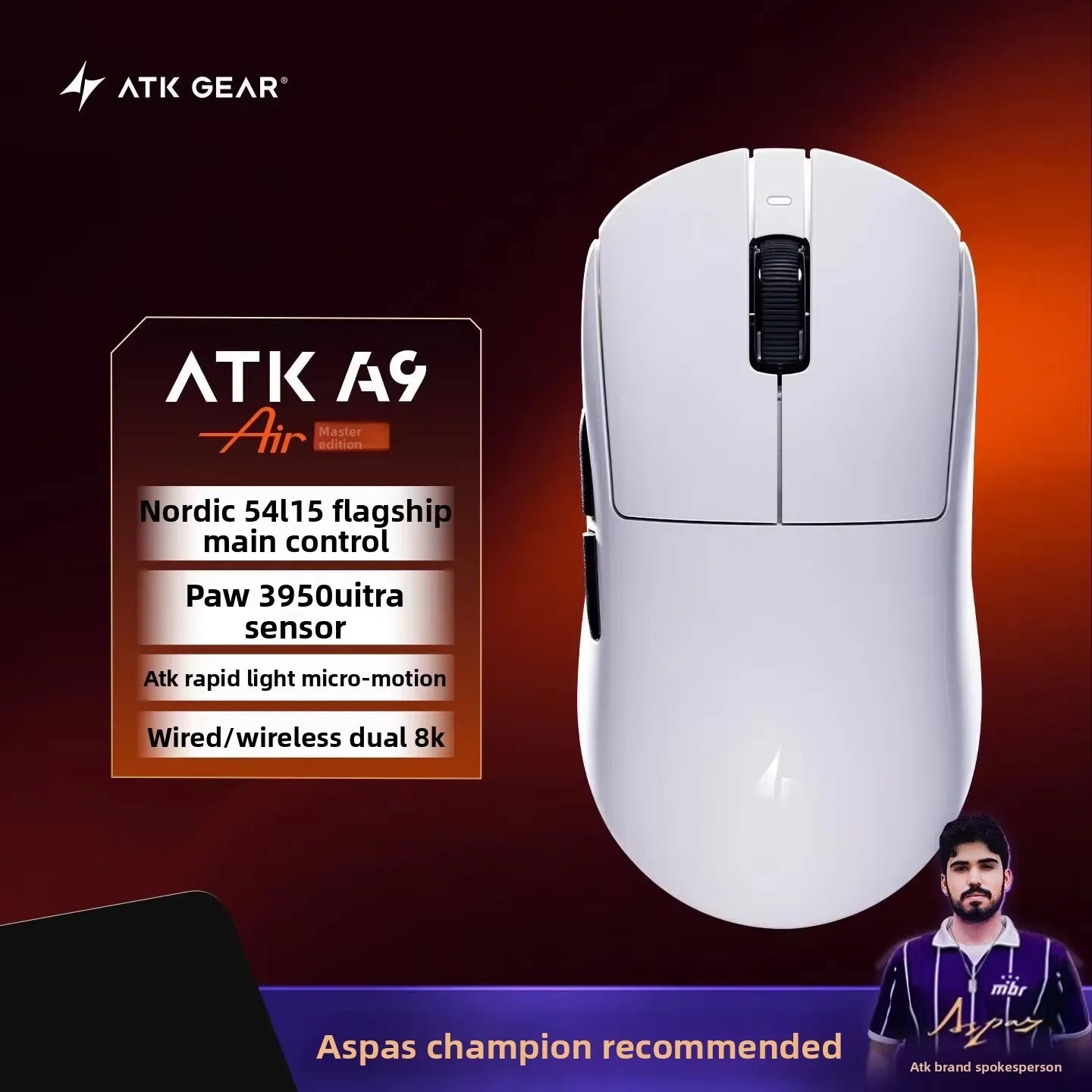 New ATK A9 Air Ultimate Gaming Mouse Wireless Bluetooth Lightweight PAW3950 Ultra Dual 8K Esports Mouse FPS Gaming Accessories