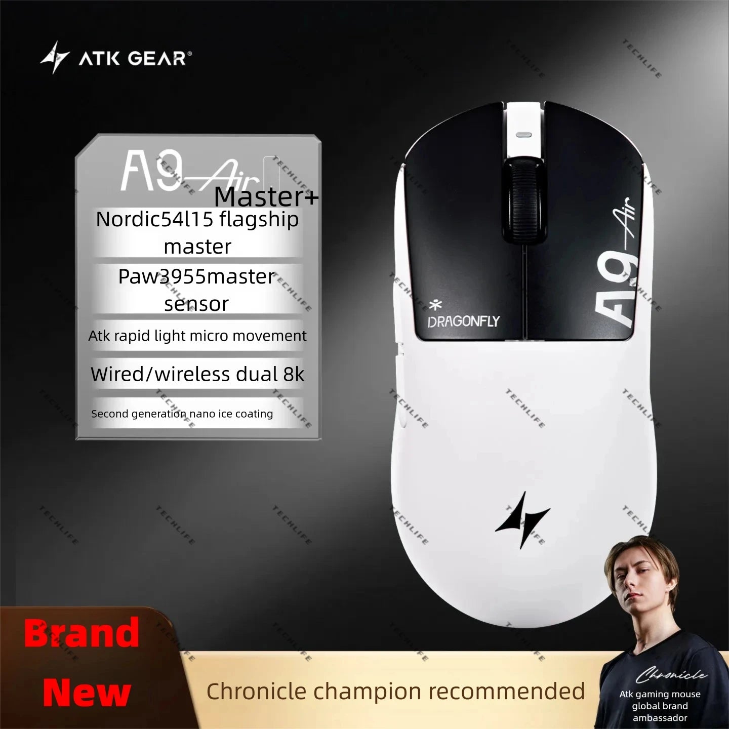 New ATK A9 Air Ultimate Gaming Mouse Wireless Bluetooth Lightweight PAW3950 Ultra Dual 8K Esports Mouse FPS Gaming Accessories