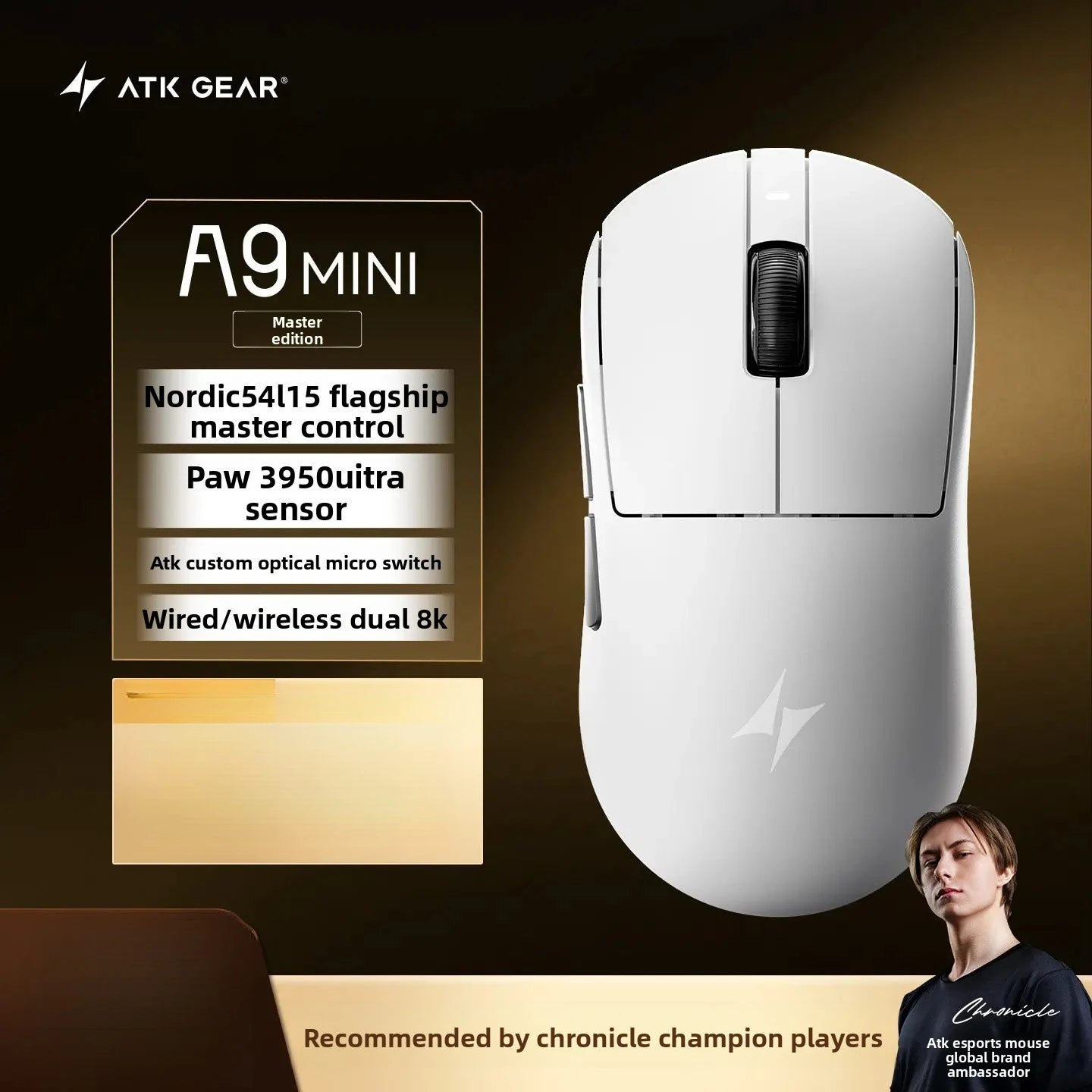 New ATK A9 Air Ultimate Gaming Mouse Wireless Bluetooth Lightweight PAW3950 Ultra Dual 8K Esports Mouse FPS Gaming Accessories