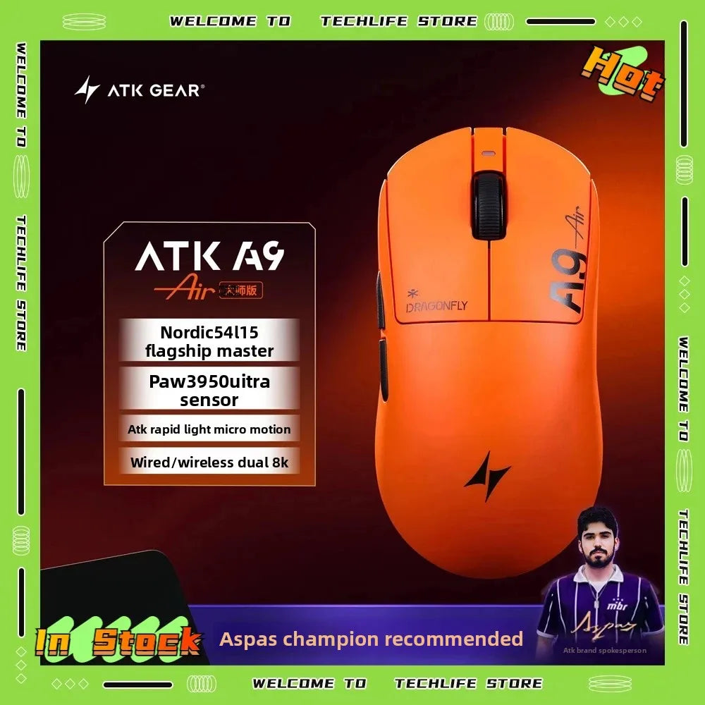 New ATK A9 Air Ultimate Gaming Mouse Wireless Bluetooth Lightweight PAW3950 Ultra Dual 8K Esports Mouse FPS Gaming Accessories