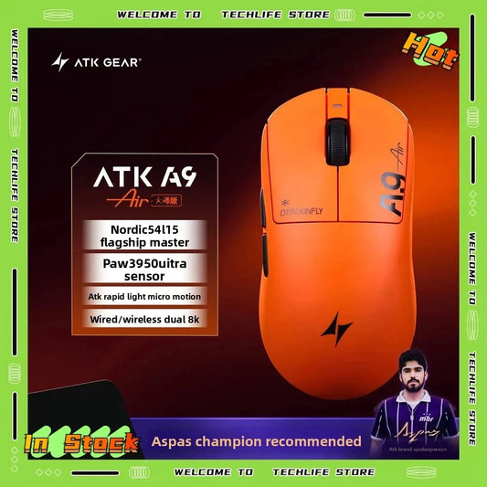 New ATK A9 Air Ultimate Gaming Mouse Wireless Bluetooth Lightweight PAW3950 Ultra Dual 8K Esports Mouse FPS Gaming Accessories