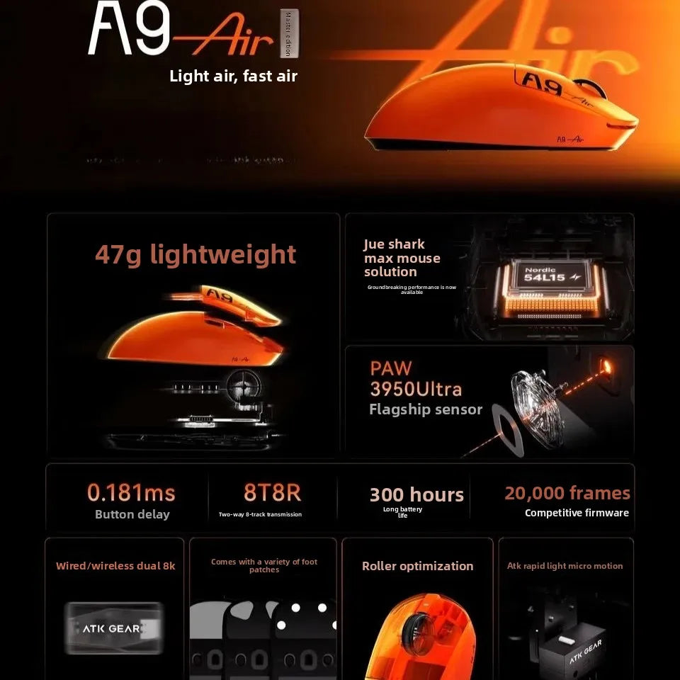 New ATK A9 Air Ultimate Gaming Mouse Wireless Bluetooth Lightweight PAW3950 Ultra Dual 8K Esports Mouse FPS Gaming Accessories