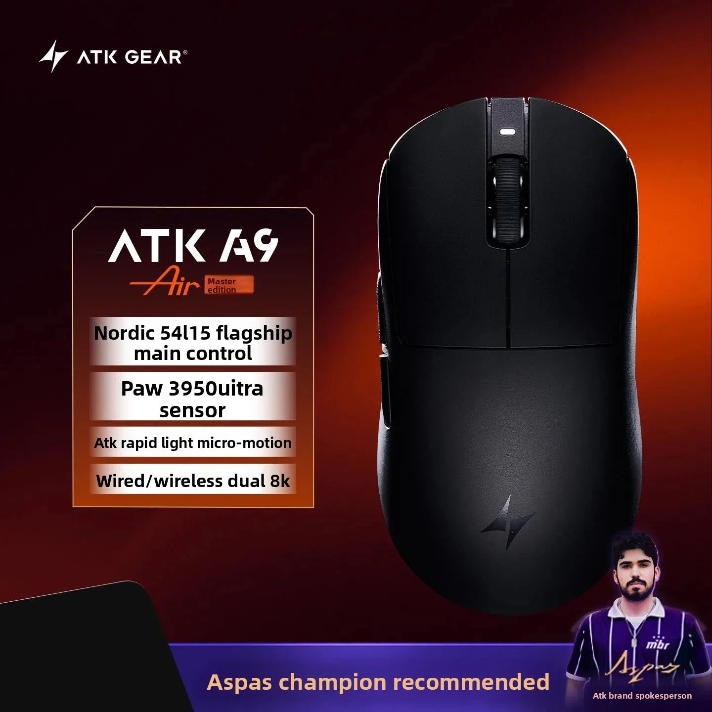New ATK A9 Air Ultimate Gaming Mouse Wireless Bluetooth Lightweight PAW3950 Ultra Dual 8K Esports Mouse FPS Gaming Accessories