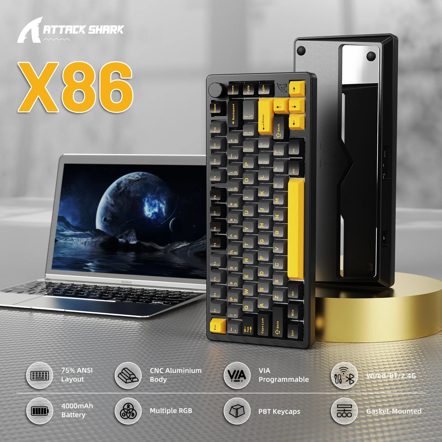 ATTACK SHARK X86 75% Aluminum CNC Wireless Mechanical Gaming Keyboard with Volume Knob,82 Key Gasket Hot Swappable RGB Custom Keyboard,PBT Keycaps,BT/2.4GHz/USB-C for Mac/Win-Starshine Black