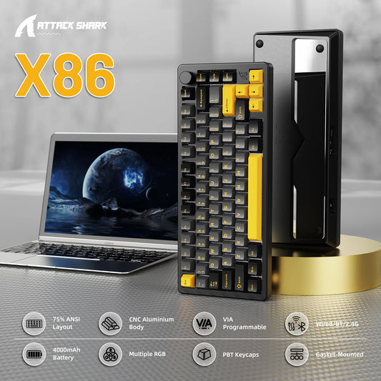 ATTACK SHARK X86 75% Aluminum CNC Wireless Mechanical Gaming Keyboard with Volume Knob,82 Key Gasket Hot Swappable RGB Custom Keyboard,PBT Keycaps,BT/2.4GHz/USB-C for Mac/Win-Starshine Black