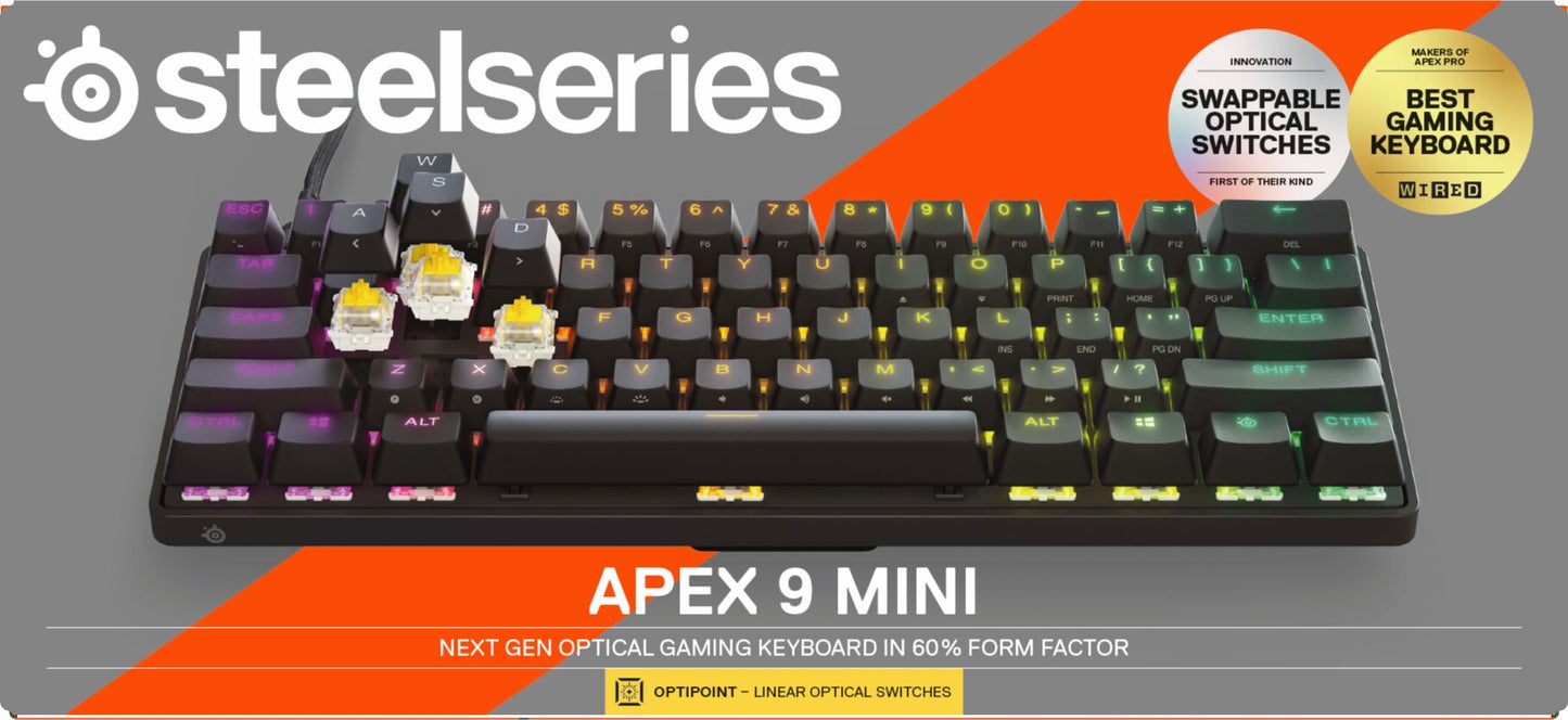 (Open Box)  - Apex 9 Mini Gaming Keyboard 60% Wired Optipoint Adjustable Actuation Switch with RGB Lighting - Black